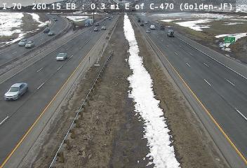 I-70 - I-70  260.15 EB : 0.3 mi E of C-470 - Traffic in lanes on right moving West - (12205) - Denver and Colorado